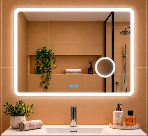 Marctani Espejo Baño con Luz Rectangular 80x60 cm con Espejo de Aumento X3, Espejo LED Retroiluminado Antivaho con 3 Tonos de Luz y Brillo Regulable, Táctil, Espejo de Pared para Baño y Tocador