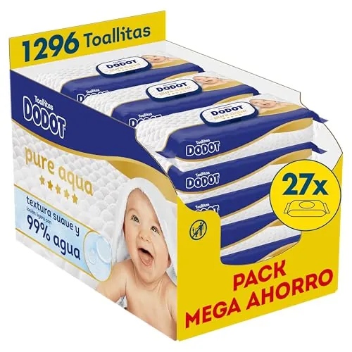 Dodot Toallitas Pure Aqua Para Bebé, 1296 Toallitas (9 Packs de 48 Unidades, Paquete de 3), Ayuda A Restaurar El PH Natural De La Piel, 99% Agua, Sin plástico
