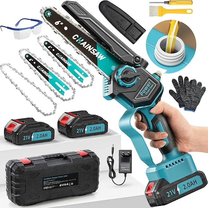 Mini Motosierra Bateria, Motosierra Eléctrica 6 Pulgadas 1000W Sin Escobillas 2 Baterías 2000mAh con Depósito Para El Aceite, Sierra Electrica, Motosierra de Mano para Podar Arboles de Jardinería