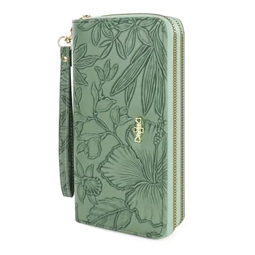 AdiStylinno Carteras de Mujer, Gran Capacidad Estampado Floral Monedero Largo para Mujer, Piel Sintética Tarjetero Monedero con Bolsillo con Cremallera Ranuras para Tarjetas (Verde)