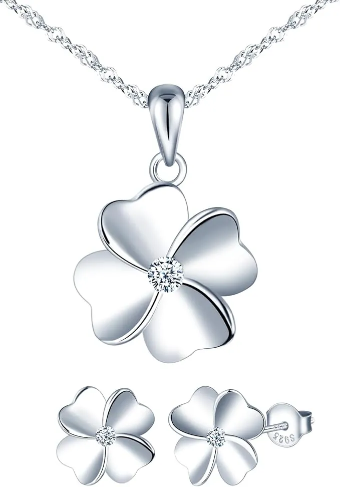 Pendientes y Collar de Trébol para Mujer Niña, Plata de Ley 925 Conjuntos de Joyas de Cuatro Hojas, Collar Colgante Hoja de Trébol, Pendientes de Trébol, Elegante Juegos de joyas
