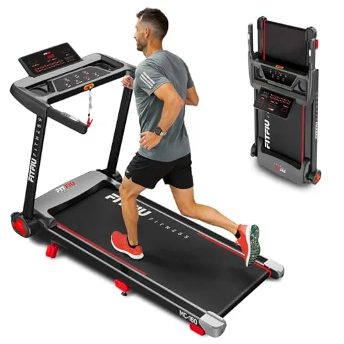 Cinta de Correr Plegable con Inclinación 9% FITFIU Fitness 4 en 1 Velocidad Ajustable 14 Km/h con Conectividad App y Frecuencia Cardíaca Soporte para Tablet Walking Pad Compacta MC-160