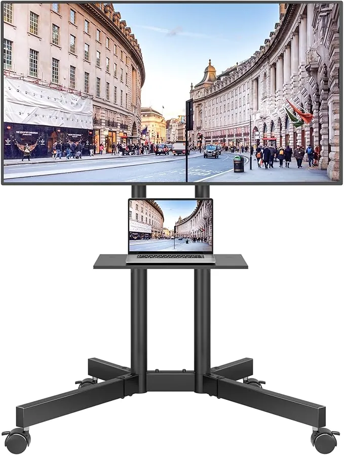 BONTEC Soporte TV Ruedas, Soporte TV Pie para 32-85 Pulgadas para TV de Planos/Curvos, hasta 55 kg, Altura Ajustable con Bandeja Multimedia, Inclinacion ±15°, Gestion de Cables, Máx. VESA 600x400 mm