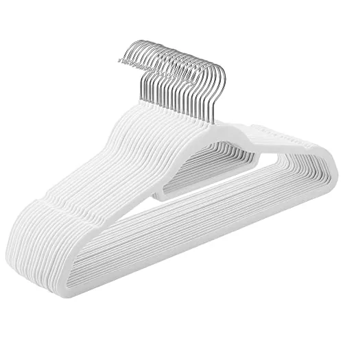 SONGMICS Percha de Terciopelo, Juego de 20, Antideslizantes, con Barra Corbata y Gancho Giratorio 360°, 0,6 cm Espesor, Ahorra Espacio, 43,5 cm Largo, para Abrigo Pantalón, Blanco Nube CRF020W01