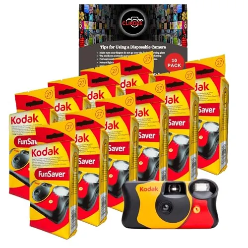 Clikoze Paquete múltiple de cámaras desechables: incluye 10 unidades de cámaras Kodak Funsaver de un solo uso de 35 mm con 27 exposiciones y tarjeta de consejos de fotografía Clikoze