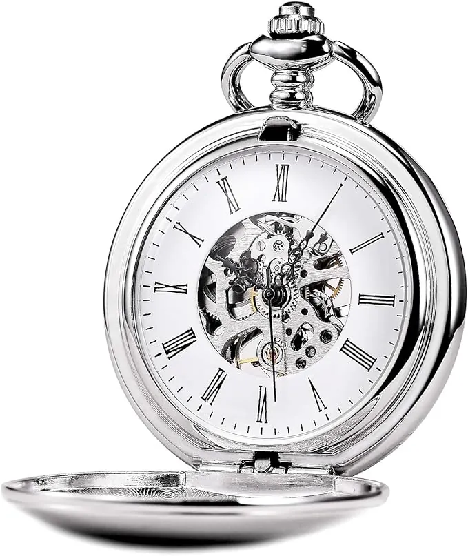 Treeweto Reloj de Bolsillo Unisex con Cadena de Cuerda analógica y Mecanismo Retro Plateado Pulido Brillante