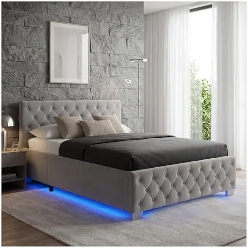 tectake® Cama Tapizada de Terciopelo con Leds, Canape Somier Abatible, Acero Estable, Cama Alta con 300 kg de Capacidad, Mando, Acolchado Chesterfield, Iluminación LED - 217 x 187,5 cm Gris Oscuro
