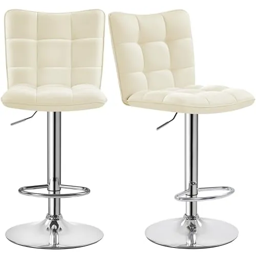 Yaheetech Juego de 2 Taburetes de Bar Taburetes Altos con Respaldo Regulable en Altura y Giratorio 360°, Estructura Metal y Reposapiés, Beige