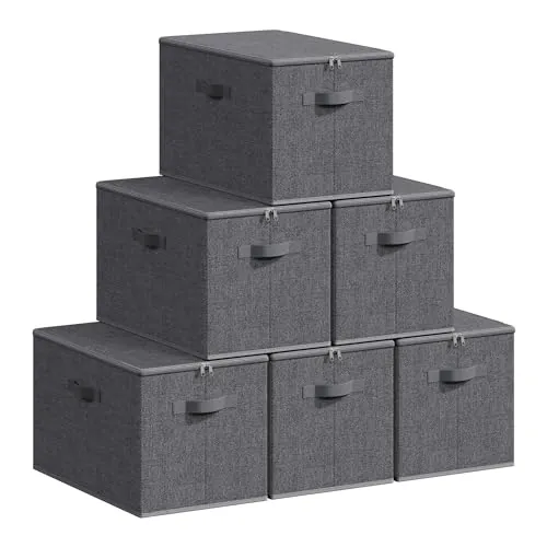 SONGMICS Cajas de Almacenamiento Plegables, Juego de 6 Organizadores en Cajas con Tapas y Asas, para Ropa, 50 x 30 x 30 cm, Tejido de Tela No Tejida, Gris Pizarra RZB050GN03
