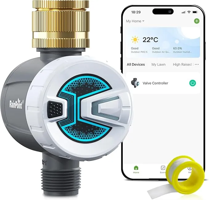 RAINPOINT Programador Riego Bluetooth con Entrada de Latón, Temporizador Riego Automatico con Modo de Ciclo y Remojo, Retardo de Lluvia/Riego Manual para Jardín, Césped, Control de Aplicación Remota
