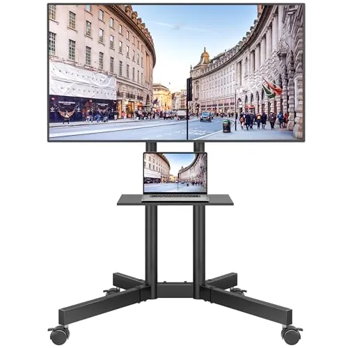 BONTEC Soporte TV Ruedas, Soporte TV Pie para 32-85 Pulgadas para TV de Planos/Curvos, hasta 55 kg, Altura Ajustable con Bandeja Multimedia, Inclinacion ±15°, Gestion de Cables, Máx. VESA 600x400 mm