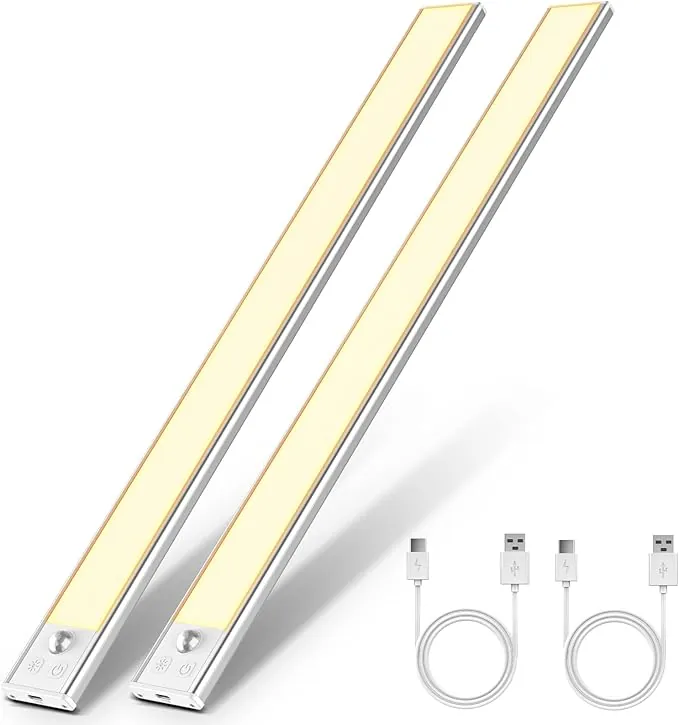 OUILA Luz de Armario con Sensor Movimiento 3000K Recargable Luz Nocturna, 41CM Regulable Lampara LED Adhesiva para Gabinete, Pasillo, Escalera, Sótano, Cocina, Garaje - 2PCS