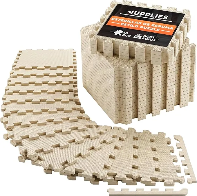JUPPLIES - Suelo Gimnasio Set 18 Piezas 30x30x1cm - Esterilla Puzzle Fitness de Goma para Suelo - Alfombra Protectora para Gimnasio en Casa - Tatami en Puzzle (18 Piezas Beige)
