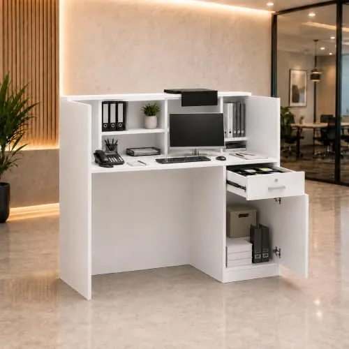 Mostrador recepción con almacenaje y cerradura 140 × 60 × 110 cm blanco