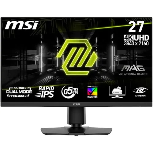 MSI mag 272URDF E16 Monitor Gaming, 27-Inch, 4K UHD, 3840x2160, Rapid IPS, 0.5ms, DisplayHDR 400, Eye Care, AI Vision, Dual-Mode, HDMI 2.1, DP 1.4a, Tilt/Height Adjustable, Negro