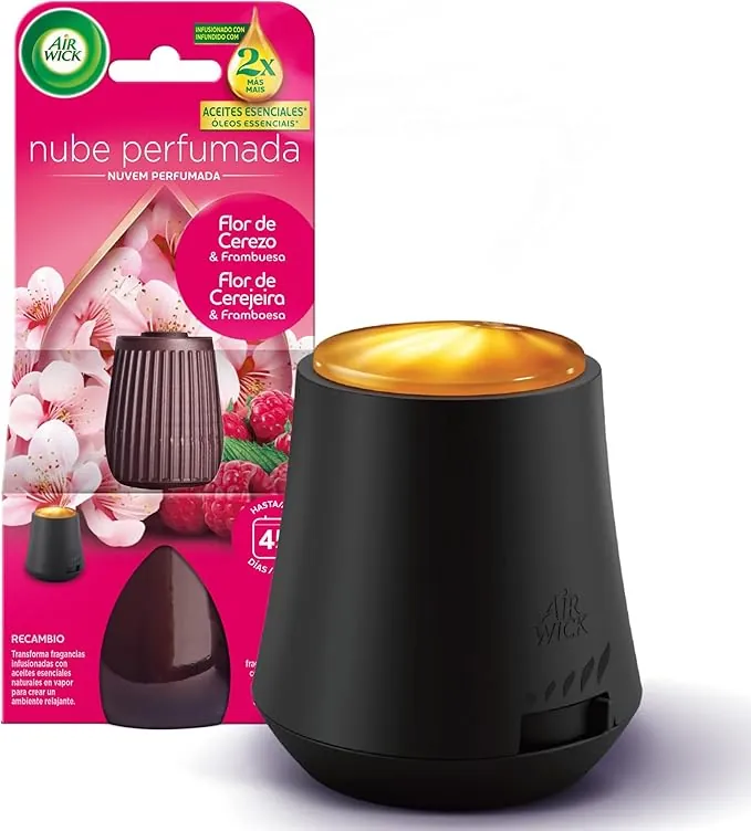 Air Wick Essential Mist, Ambientador difusor de aceites esenciales que brilla al liberar vapor, con aroma a Flor de Cerezo y Frambuesa infusionado con 2 veces más aceites esenciales
