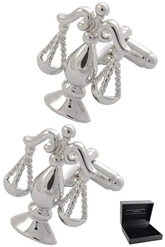 Gemelos Camisa Hombre Abogado - Con Caja - Gemelos para Camisas - Escalas de Justicia - Latón - Juez Libra - Color Plata - Un Par