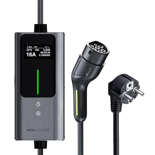 VDLPOWEREU EV Cargador Tipo 2 Coche Electrico, 3,6kW, 6-16A, 5m, Cargador Vehiculo Electrico Portátil de Corriente Ajustable con antalla Digital, Impermeable IP65, IEC 62196-2