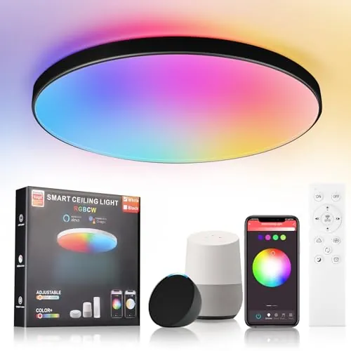 CANMEIJIA Plafón LED Techo 24W RGB Redondo Negro Compatible con Alexa | La lámpara se conecta a redes WiFi y permite cambiar colores mediante comandos de voz con Alexa o Google Home