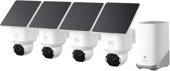 eufy Security eufyCam E42 Camara vigilancia WiFi Exterior Solar, Giro de 360°, Seguimiento con IA, resolución 4K, luz estroboscópica, inalámbrica, sin Costo mensual, 4-CAM Kit + HomeBase S380