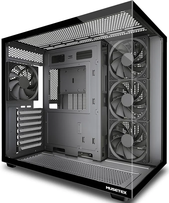 MUSETEX Y6 Caja PC, con 4 Ventiladores No LED Preinstalados, Caja de Computadora ATX de Torre Mediana, Caja PC Gaming con Tipo-C, Cristal Templado de Vista Completa de 270°, Negro