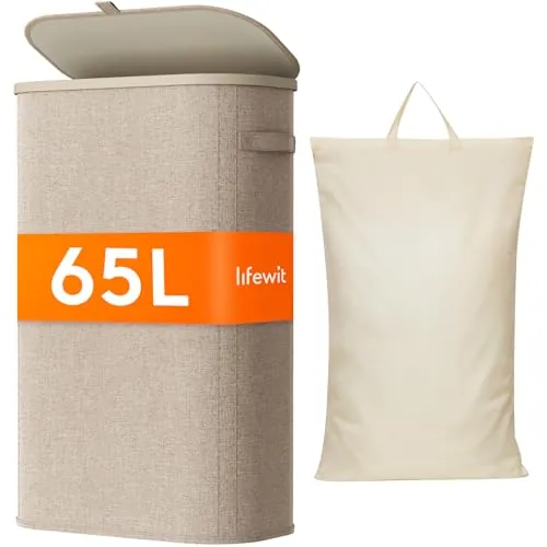 Lifewit Cesto Ropa Sucia, Cesta Ropa Plegable con Bolsa Extraíble y Asa, Cubo Ropa Sucia con Tapa, Laundry Basket para Dormitorio, Baño, Lavandería, Dormitorio, 65 L, Beige