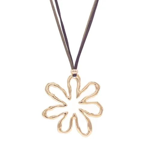 NILUXE DESIGN - Colgante Mujer Flor Grande Dorada o Plateada Estilo Bohemio - Collar Largo con Flor- Cadena de Antelina Ajustable con Abalorios de Zamak - Colgante Estilo Elegante(Dorado)