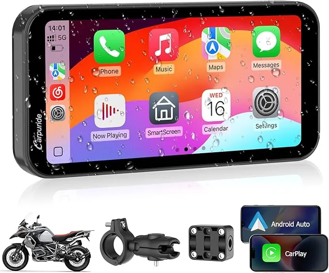 Carpuride W603 Pantalla Carplay para Motocicleta, CarPlay Inalámbrico y Android Auto para Moto, Control Remoto, Pantalla Táctil Impermeable de 6,3", Audio BT, Navegación GPS, Siri, Asistente de G00gle