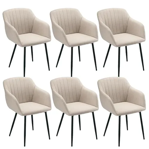 Goeurvant Juego de 6 Silla de Comedor Beige con Reposabrazos, Silla Tapizada en Lino con Patas Metálicas, Estilo Moderno, Unidad Individual para Comedor Salón