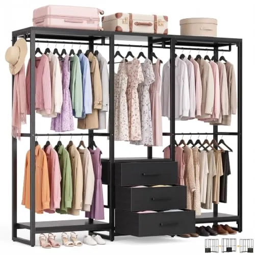 Homieasy Armario Abierto Con 5 Barras Y 3 Cajones De Tela | Estructura De Metal Y Paneles De Madera, Capacidad De Carga Hasta 450 Kg, Para Dormitorio, Vestidor O Pasillo