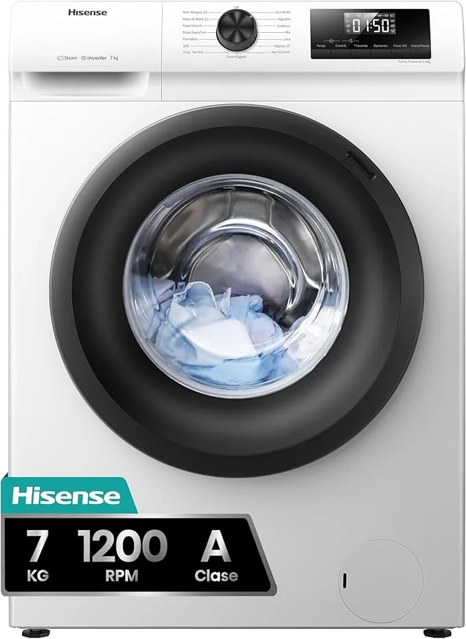 Hisense WFQP701219VM - Lavadora, Clase A, 7 Kg, 1200 rpm, Alto 84.5 cm x Ancho 59.5 cm, Blanco