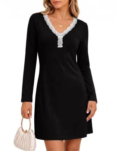 Ocextami Camisón de Mujer con Encaje en Y Cuello V y Manga Larga | Camisón de mujer corto y fluido en poliéster con elastano y aberturas laterales para dormir descansar y estar en casa.