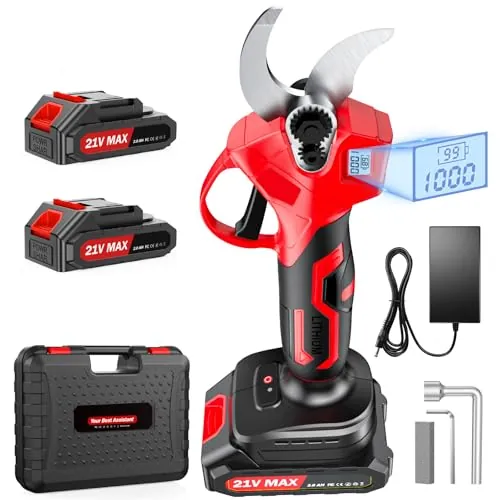 XIAZIR Tijeras de podar eléctricas inalámbricas de 35 mm con motor brushless, podadora de jardín con pantalla LCD, 2×21V 2000mAh Baterías y hoja de acero SK5, potente cortarramas para árboles, jardín