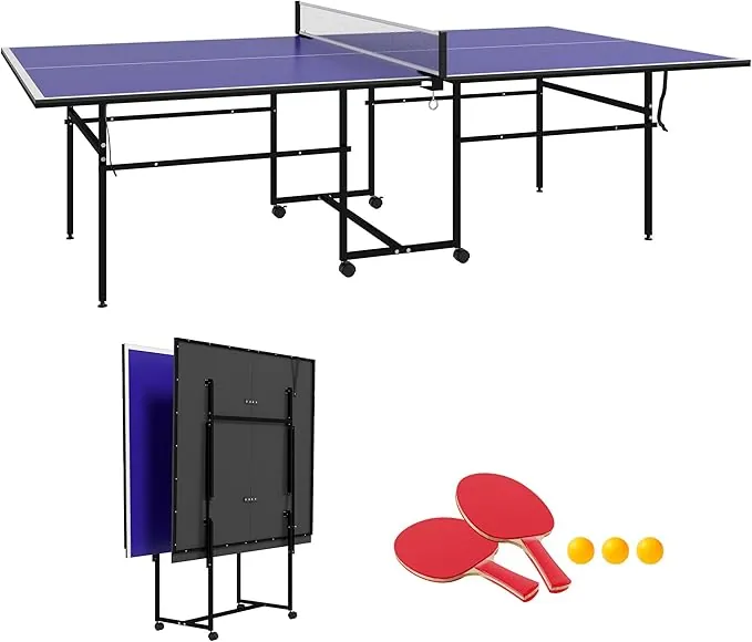SPORTNOW Mesa de Ping-Pong Profesional Plegable Mesa de Tenis de Mesa con 4 Ruedas, Red, 2 Palas y 3 Pelotas para Interior y Exterior 274x152,5x75,5 cm Azul