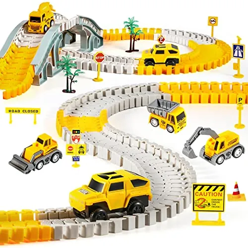 kizplays Pista de Carreras 260 Piezas con 6 Excavadoras Toy | Autopista de 3 4 5 6 Años Flexible Track Crane Games Electric Car para Niños Regalo