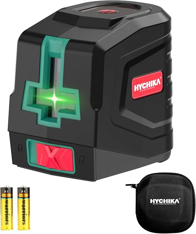 HYCHIKA Nivel Laser Verde, Horizontal y Vertical Nivel Láser Autonivelante, Láser de Línea con Bolsa de Lona y 2 Baterías AA, para Decoración del Hogar, Bricolaje