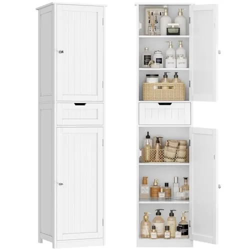 TEENFON Mueble de Baño Estrecho Alto con Cajón, Armario Baño Delgado 1 Cajón + 2 Puertas Gran Capacidad Almacenaje, 40 x 30 x 170 cm, Blanco