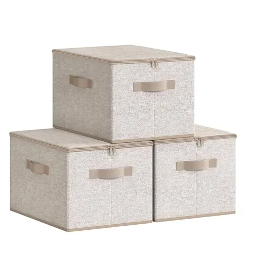 SONGMICS Cajas de Almacenamiento Plegables, Juego de 3 Organizadores en Cajas con Tapas y Asas, para Ropa, 40 x 30 x 25 cm, Tejido de Tela No Tejida, Beige Arena RZB003K01