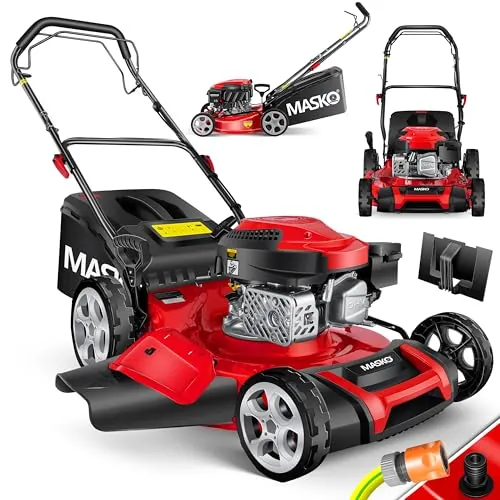 MASKO® Cortacésped de Gasolina, 5 en 1, accionamiento de Ruedas, función de Limpieza, función de mantillo, expulsión Lateral, Ancho de Corte 8 Veces, Ajuste de Altura de Corte, Motor de 4 Tiempos
