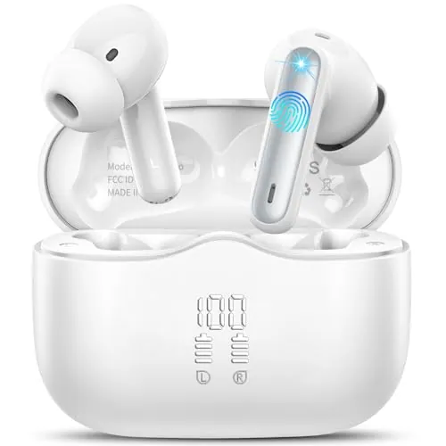 Auriculares Inalambricos Bluetooth, Auriculares Bluetooth 5.4 con ENC Reducción de Ruido, 40H HiFi Estéreo Cascos Inalambricos Bluetooth con 4 HD Mic, Pantalla LED, IP7 Impermeablem Cascos, Blanco
