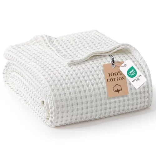 Exclusivo Mezcla Manta para Cama de Verano de 100% Algodón, Manta para Sofá de Gofre, Colcha Multiusos Ligera y Transpirable, Lavable a Máquina y Secable, 240 x 220 cm, Blanco