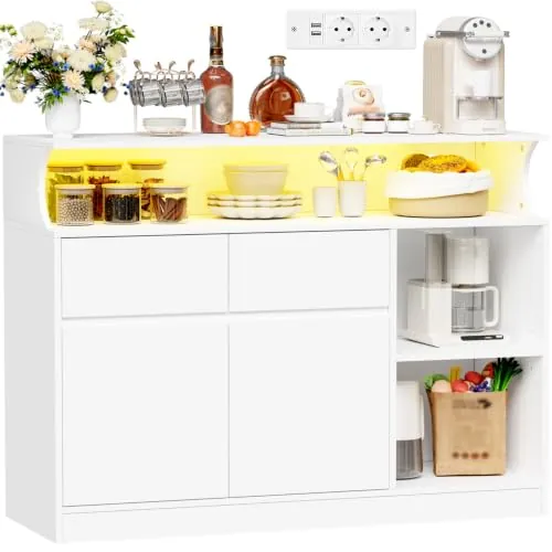 BEWISHOME Aparador de Cocina con Cajones,Regleta y Tira de Luces LED