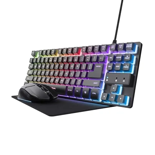 GXTrust 1794 Pack Teclado Gaming QWERTY Español con Ratón y Alfombrilla, Combo LED 3 en 1, Ratón Inalámbrico Recargable para Gamer 80h de Autonomía, Teclado TKL USB para PC, Negro