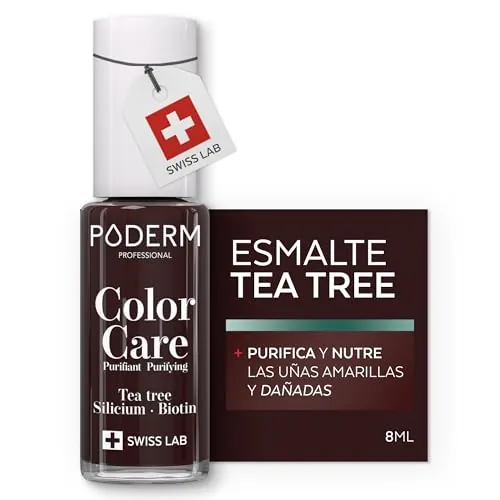 PODERM Esmalte Cuidado para Uñas con Tea Tree - Rojo Negro | Swiss Lab - 8ML | Enriquecido con Tea Tree, Silicio & Biotina | Purifica, Aclara & Nutre las Uñas Amarillas | Creado por una Podóloga