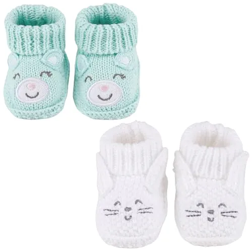 LACOFIA 2 Pares Patucos de Punto Recién Nacido Botitas Suaves Bebé Niño Niña 0-3 Meses Zorro Verde+Gato Blanco