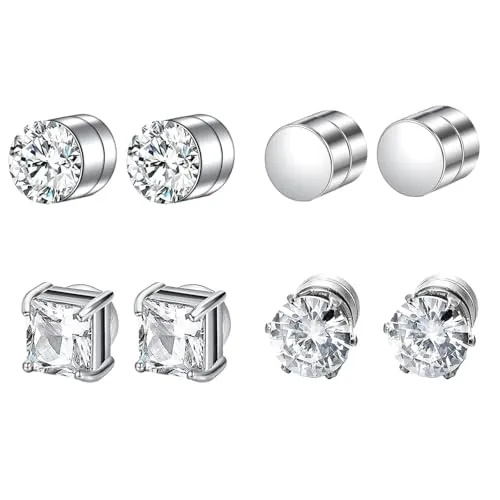 JOOTUEPO 4 Pares Pendientes Magnéticos, Sin Necesidad de Perforar, Pendientes Iman Hombre, 6 mm Pendiente Hombre Plata Diamante, Pendiente de Imán para Hombres y Mujers