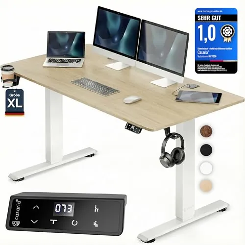 CASARIA Escritorio Elevable Eléctrico Gamer 72-117cm Beige | USB-C Memoria, Carga Inalámbrica, Pantalla LCD, 2 Posiciones, Temporizador, Portavasos, Soporte Auriculares ABS, Pasacables