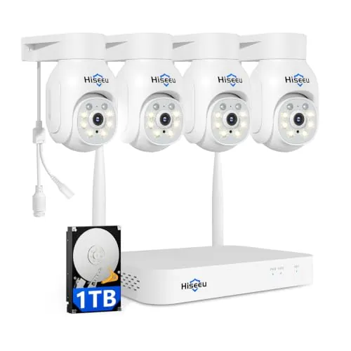 【5MP PTZ+10CH NVR】 Hiseeu 5MP Kit Cámaras de Vigilancia WiFi Exterior y 10CH NVR con 1TB HDD para Grabación 24/7, Vision Nocturna en Color,Audio Bidireccional,Detección de Personas/Vehículos