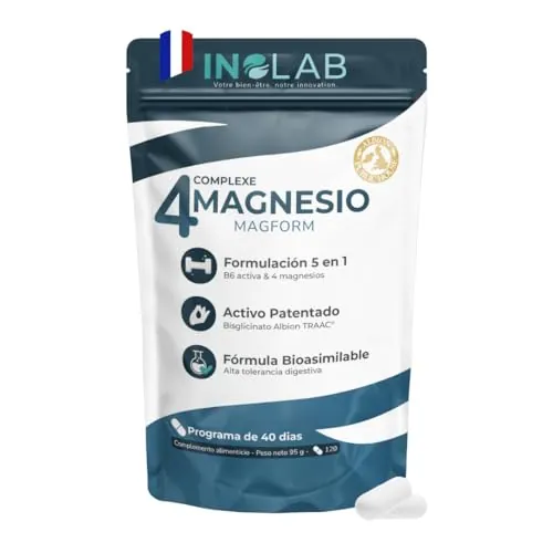INOLAB Magnesio | 4 formas orgánicas complementarias al día : Bisglicinato, Malato, Vegetal Orgánico, Taurato | Alta Absorción y Tolerancia Digestiva | Bienestar Muscular y Nervioso | 120 Cápsulas