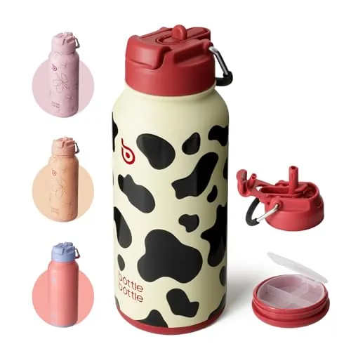 BOTTLE BOTTLE Botella de agua aislada de 32 onzas, botella de agua deportiva de acero inoxidable con pajilla, diseño de tapa de doble uso para gimnasio con pastillero (vaca)